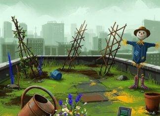 Sustainable Agriculture: 7 Ways It’s Transforming the Food Industry A colorful, quirky rooftop garden with wildflowers, crooked trellises, a soil sensor, and a scarecrow.