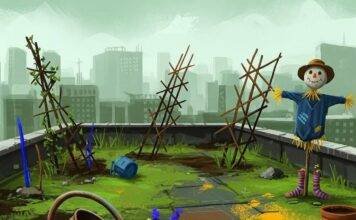 Sustainable Agriculture: 7 Ways It’s Transforming the Food Industry A colorful, quirky rooftop garden with wildflowers, crooked trellises, a soil sensor, and a scarecrow.