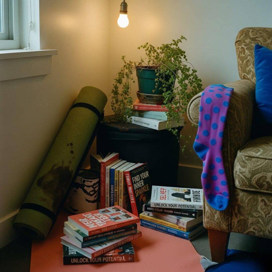 A dimly lit corner of a cluttered apartment features a rolled-up, coffee-stained yoga mat, stacks of self-help books, a drooping fern, and a bright purple polka-dot sock hanging from an armchair. A dimly lit corner of a cluttered apartment features a rolled-up, coffee-stained yoga mat, stacks of self-help books, a drooping fern, and a bright purple polka-dot sock hanging from an armchair.