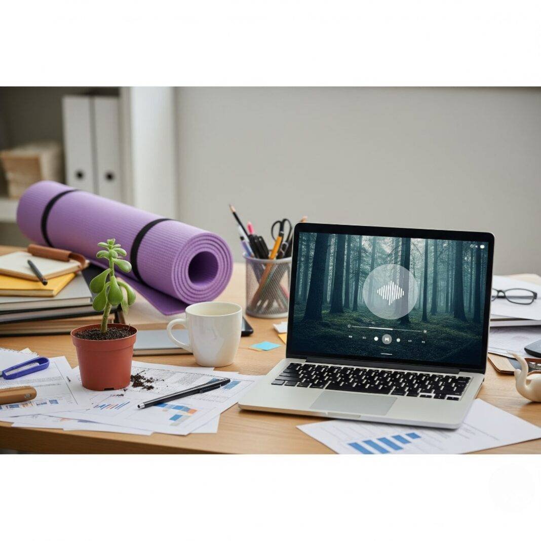 A messy office desk with a sad succulent, a yoga mat, and a laptop showing a mindfulness app. A messy office desk with a sad succulent, a yoga mat, and a laptop showing a mindfulness app.