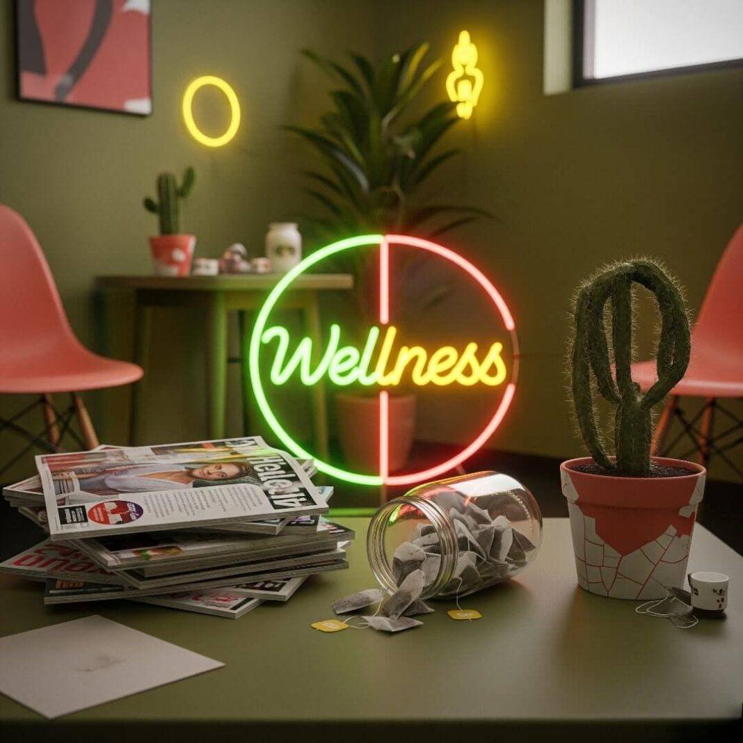 A blurry photo of a quirky wellness clinic waiting room with a neon sign, magazines, tea bags, and a cactus. A blurry photo of a quirky wellness clinic waiting room with a neon sign, magazines, tea bags, and a cactus.