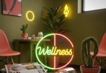 Wellness Clinics Near Me: Your Guide to Choosing the Best Option A blurry photo of a quirky wellness clinic waiting room with a neon sign, magazines, tea bags, and a cactus.