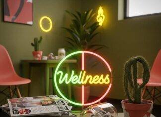 Wellness Clinics Near Me: Your Guide to Choosing the Best Option A blurry photo of a quirky wellness clinic waiting room with a neon sign, magazines, tea bags, and a cactus.