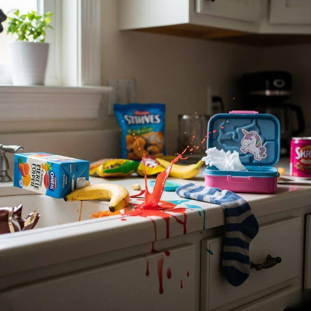 A messy kitchen counter with spilled juice, a banana, a lunchbox, and a sock.