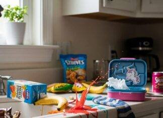 Best Nutrition for Kids: A Parent’s Guide to Healthy Eating A messy kitchen counter with spilled juice, a banana, a lunchbox, and a sock.