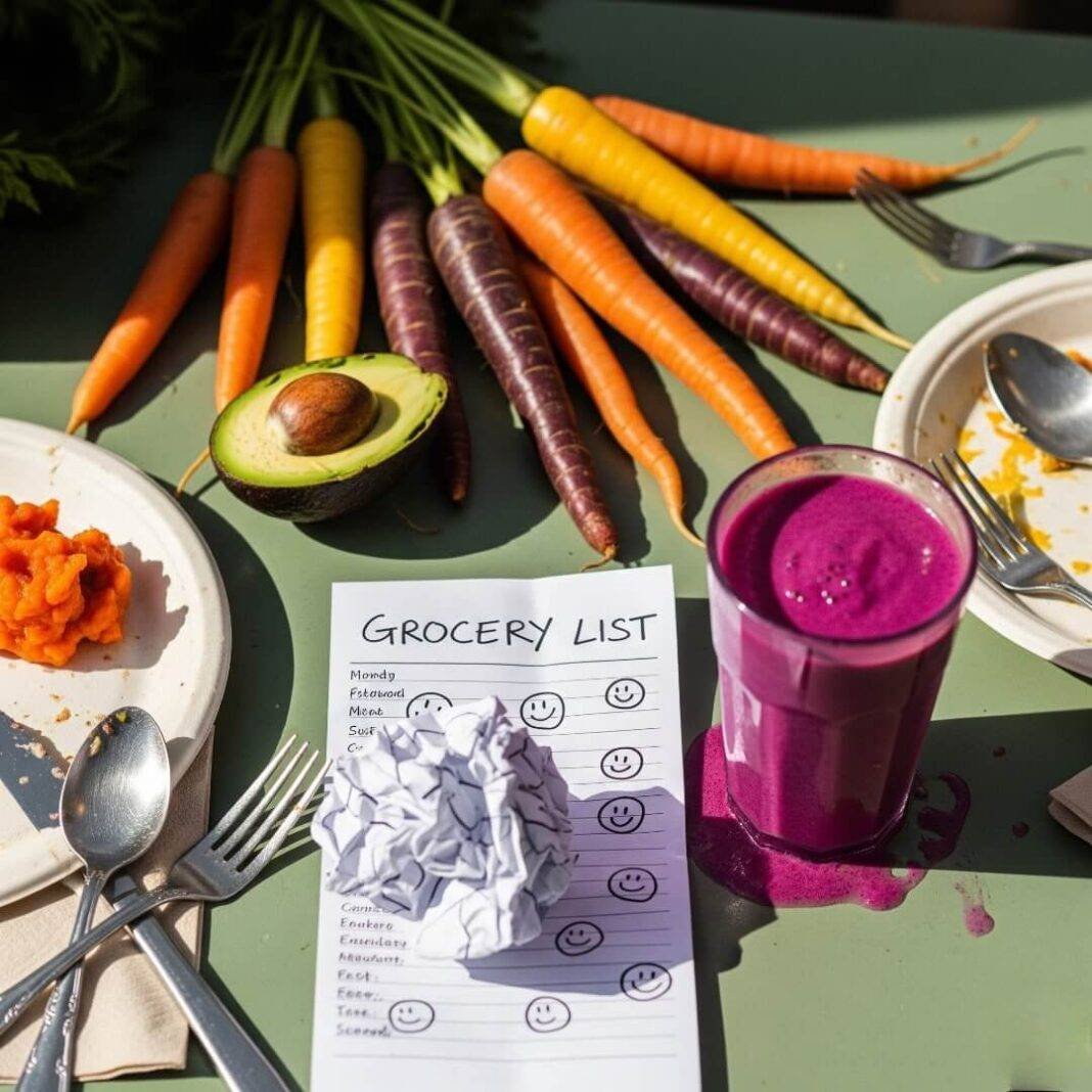 A close-up of a farmer's market table with heirloom carrots, a half-eaten avocado, a crumpled grocery list, and a spilled purple smoothie, all surrounded by mismatched cutlery. A close-up of a farmer's market table with heirloom carrots, a half-eaten avocado, a crumpled grocery list, and a spilled purple smoothie, all surrounded by mismatched cutlery.