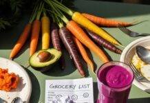 Vegetarian Nutrition Plans: Top Diets to Fuel Your Body Right A close-up of a farmer's market table with heirloom carrots, a half-eaten avocado, a crumpled grocery list, and a spilled purple smoothie, all surrounded by mismatched cutlery.
