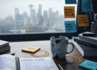 Mental Health Resources Everyone Should Know: Your Guide to Support A blurry, photorealistic image of a cluttered desk with a notebook, coffee mug, sticky notes, and a foggy window.