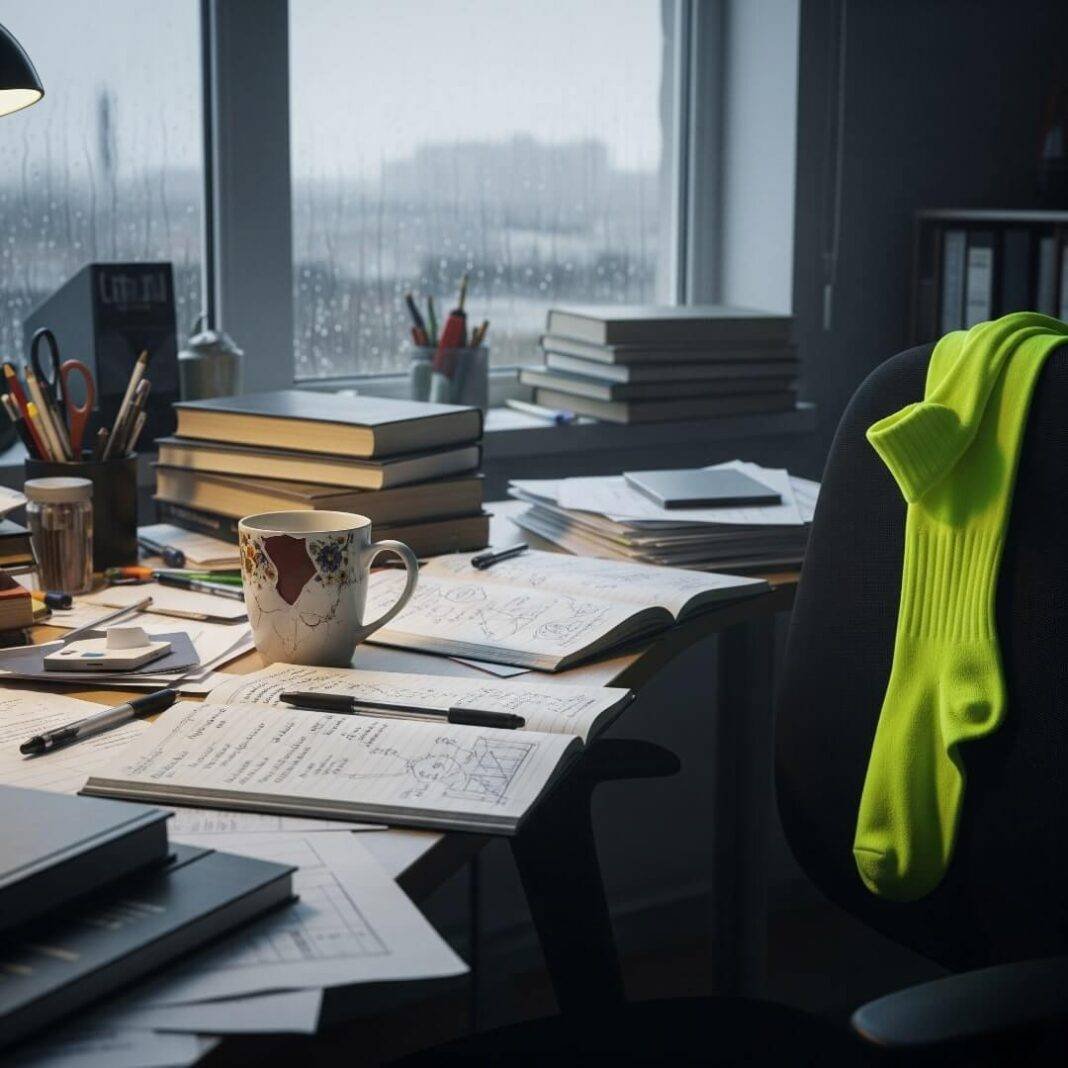 A cluttered desk with a chipped mug, messy notebook, and a neon yellow sock on a chair by a rainy window. A cluttered desk with a chipped mug, messy notebook, and a neon yellow sock on a chair by a rainy window.
