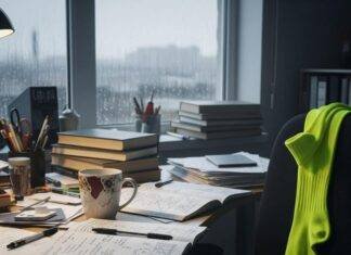 Blog Post: Unlock Your Mental Health: The Importance of Wellbeing for a Balanced Life A cluttered desk with a chipped mug, messy notebook, and a neon yellow sock on a chair by a rainy window.