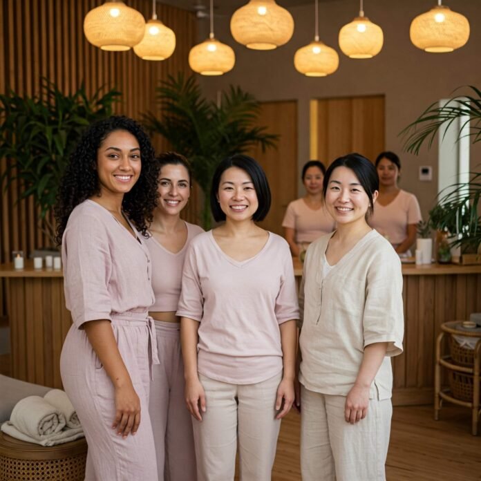 Smiling diverse women in wellness center.