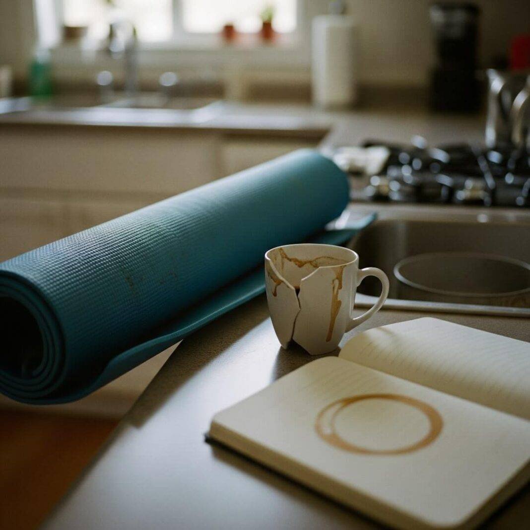 A kitchen counter with a blue yoga mat, a broken coffee mug, and a notebook with a coffee stain. A kitchen counter with a blue yoga mat, a broken coffee mug, and a notebook with a coffee stain.