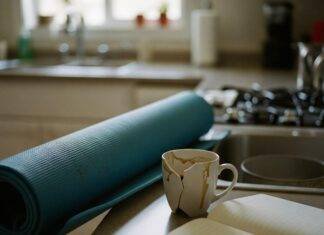 Health and Wellness Coaching: Transform Your Life in 2025 A kitchen counter with a blue yoga mat, a broken coffee mug, and a notebook with a coffee stain.