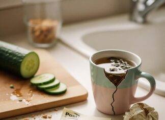 Nutrition and Wellness: How Eating Well Powers Your Life A blurry, close-up shot of a messy kitchen counter with a half-sliced cucumber, a chipped mug of herbal tea, and a coffee-stained Post-it note with a grocery list.