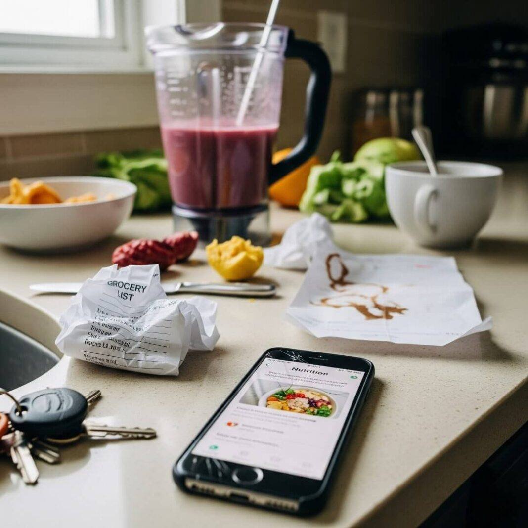 A messy kitchen counter with a half-made smoothie, a crumpled grocery list, and a phone showing a nutrition app. A messy kitchen counter with a half-made smoothie, a crumpled grocery list, and a phone showing a nutrition app.