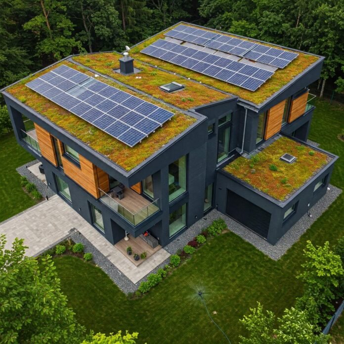 Eco-friendly modern home with solar panels and green roof.