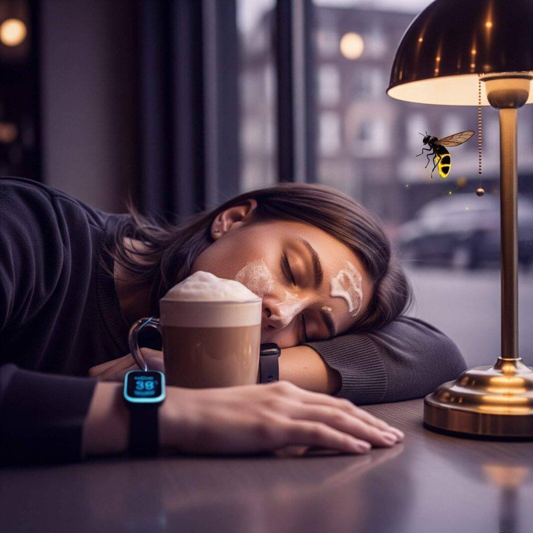 A blurry shot of a person asleep at a coffee shop table with latte foam on their face, a buzzing sleep tracker on their wrist, and a firefly near a lamp. Refreshed WOMEN wakes after sleep apnea treatment.