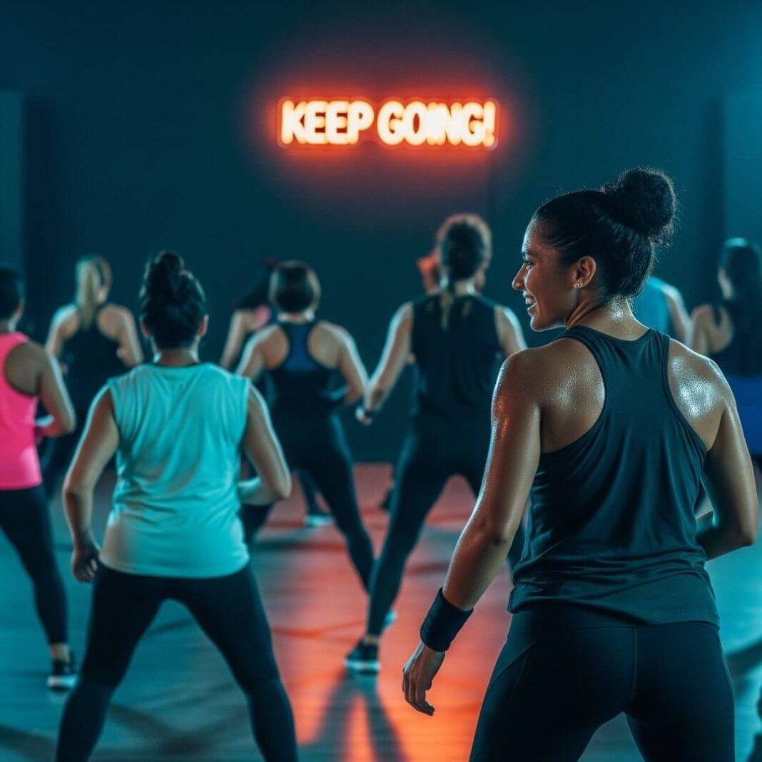 A slightly blurred photorealistic image of a Zumba class, with a person in the back, sweaty but smiling. A flickering neon “Keep Going!” sign adds quirk, and deep blues with mango hues convey cautious optimism. A slightly blurred photorealistic image of a Zumba class, with a person in the back, sweaty but smiling. A flickering neon “Keep Going!” sign adds quirk, and deep blues with mango hues convey cautious optimism.