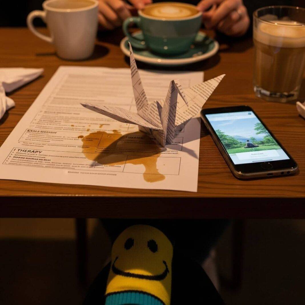 A cozy coffee shop table with a spilled latte, a paper crane, a phone with a mindfulness app, and a smiley-face sock peeking out. A cozy coffee shop table with a spilled latte, a paper crane, a phone with a mindfulness app, and a smiley-face sock peeking out.