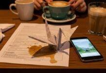 How Mental Health Awareness in 2025 Is Totally Rewiring Our Lives A cozy coffee shop table with a spilled latte, a paper crane, a phone with a mindfulness app, and a smiley-face sock peeking out.