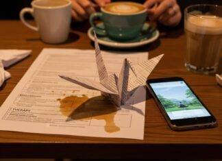 How Mental Health Awareness in 2025 Is Totally Rewiring Our Lives A cozy coffee shop table with a spilled latte, a paper crane, a phone with a mindfulness app, and a smiley-face sock peeking out.