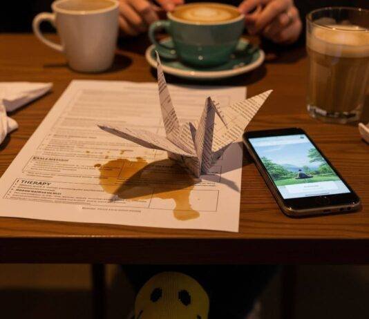 How Mental Health Awareness in 2025 Is Totally Rewiring Our Lives A cozy coffee shop table with a spilled latte, a paper crane, a phone with a mindfulness app, and a smiley-face sock peeking out.