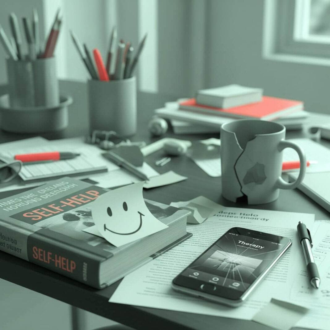 A cluttered desk with a chipped coffee mug, a dog-eared self-help book, a cracked-screen phone showing a therapy app, and a sticky note with a smiley face falling off the desk.