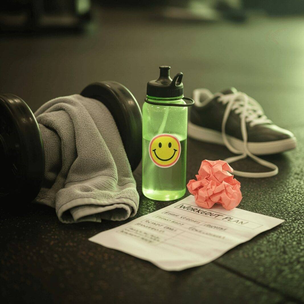 A sweaty gym towel on a dumbbell, a water bottle with a sticker, a crumpled workout plan, and a sneaker on a gym floor A sweaty gym towel on a dumbbell, a water bottle with a sticker, a crumpled workout plan, and a sneaker on a gym floor
