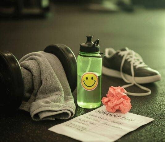 Why Hiring a Fitness Coach Near You Will Jumpstart Your Goals A sweaty gym towel on a dumbbell, a water bottle with a sticker, a crumpled workout plan, and a sneaker on a gym floor