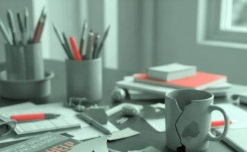 How to Find Mental Health Support When You Need It Most A cluttered desk with a chipped coffee mug, a dog-eared self-help book, a cracked-screen phone showing a therapy app, and a sticky note with a smiley face falling off the desk.