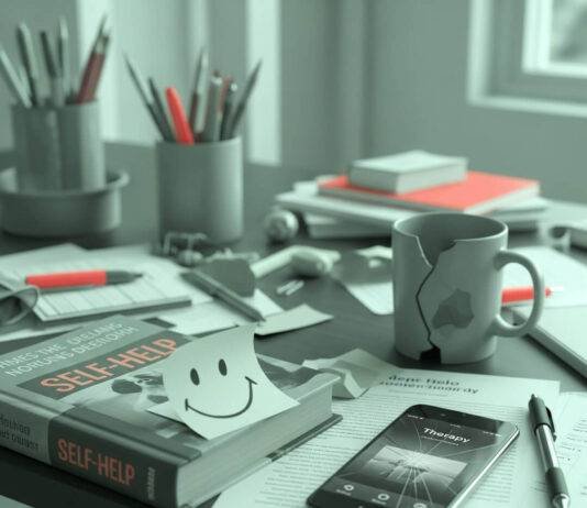 How to Find Mental Health Support When You Need It Most A cluttered desk with a chipped coffee mug, a dog-eared self-help book, a cracked-screen phone showing a therapy app, and a sticky note with a smiley face falling off the desk.