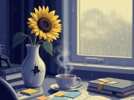Mental Health and Wellbeing: 5 Practices That Will Change Your Life A cluttered desk features a steaming tea mug, a journal with sticky notes, and a sunflower in a chipped vase, with a rainy window in the background.