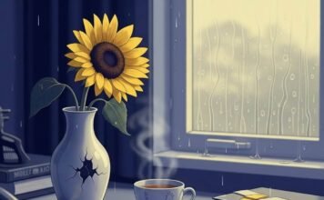 Mental Health and Wellbeing: 5 Practices That Will Change Your Life A cluttered desk features a steaming tea mug, a journal with sticky notes, and a sunflower in a chipped vase, with a rainy window in the background.