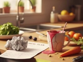 Top Benefits of Hiring a Nutritionist Near Me for Weight Loss Success A messy kitchen counter with a spilled smoothie, crumpled meal plan, carrot, and a "Eat better, lol" sticky note.