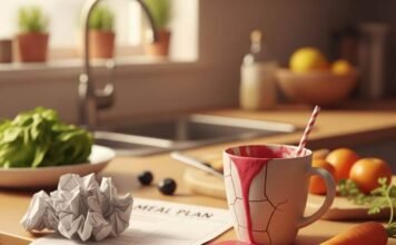 Top Benefits of Hiring a Nutritionist Near Me for Weight Loss Success A messy kitchen counter with a spilled smoothie, crumpled meal plan, carrot, and a "Eat better, lol" sticky note.