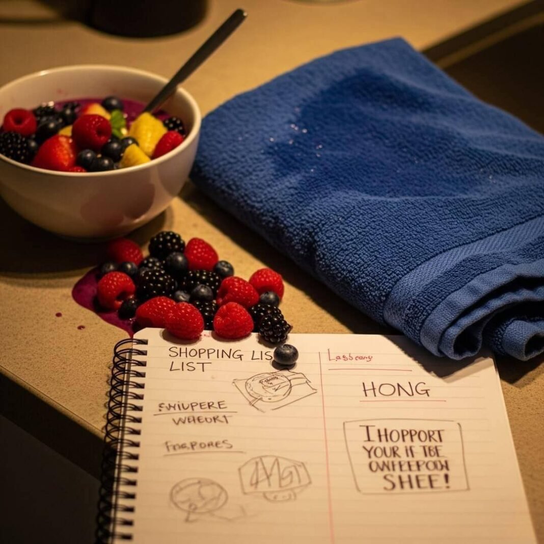 A smoothie bowl with spilled berries, a blue gym towel, and a doodled notepad on a counter.