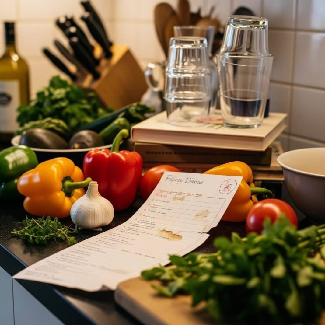 A slightly blurry photorealistic image of a cluttered kitchen counter with vegetables, a stained recipe card, and glasses on a cookbook