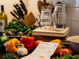 Why Nutrition for Seniors is More Important Than Ever—Here’s What You Need to Know A slightly blurry photorealistic image of a cluttered kitchen counter with vegetables, a stained recipe card, and glasses on a cookbook
