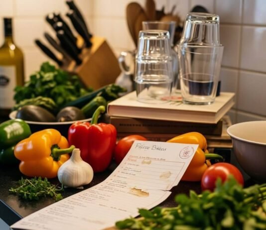 Why Nutrition for Seniors is More Important Than Ever—Here’s What You Need to Know A slightly blurry photorealistic image of a cluttered kitchen counter with vegetables, a stained recipe card, and glasses on a cookbook