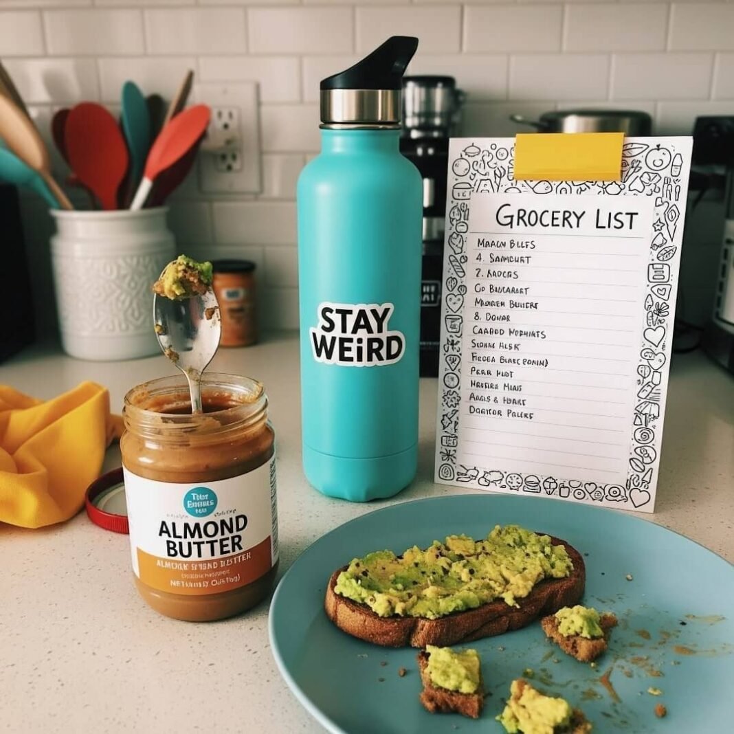 A blurry phone pic of a counter with avocado toast crumbs, a turquoise water bottle, a doodled grocery list, and a teaspoon stuck in almond butter.