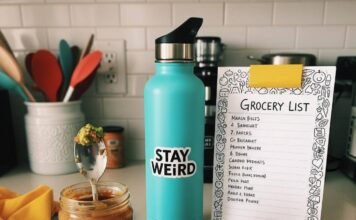 Top Nutrition Tips for Women: Eat Smart, Feel Great A blurry phone pic of a counter with avocado toast crumbs, a turquoise water bottle, a doodled grocery list, and a teaspoon stuck in almond butter.