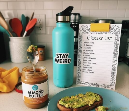 Top Nutrition Tips for Women: Eat Smart, Feel Great A blurry phone pic of a counter with avocado toast crumbs, a turquoise water bottle, a doodled grocery list, and a teaspoon stuck in almond butter.
