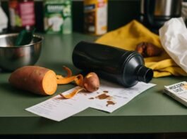 Men’s Nutrition: Why Eating Right is the Secret to Staying Strong in Your 30s & 40s A slightly blurry shot of a chaotic kitchen counter with a half-peeled sweet potato, a dented protein shaker, a coffee-stained grocery list, and a flip-flop peeking out from underneath.