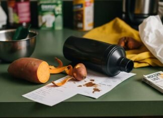 Men’s Nutrition: Why Eating Right is the Secret to Staying Strong in Your 30s & 40s A slightly blurry shot of a chaotic kitchen counter with a half-peeled sweet potato, a dented protein shaker, a coffee-stained grocery list, and a flip-flop peeking out from underneath.