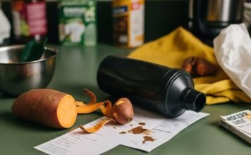 Men’s Nutrition: Why Eating Right is the Secret to Staying Strong in Your 30s & 40s A slightly blurry shot of a chaotic kitchen counter with a half-peeled sweet potato, a dented protein shaker, a coffee-stained grocery list, and a flip-flop peeking out from underneath.