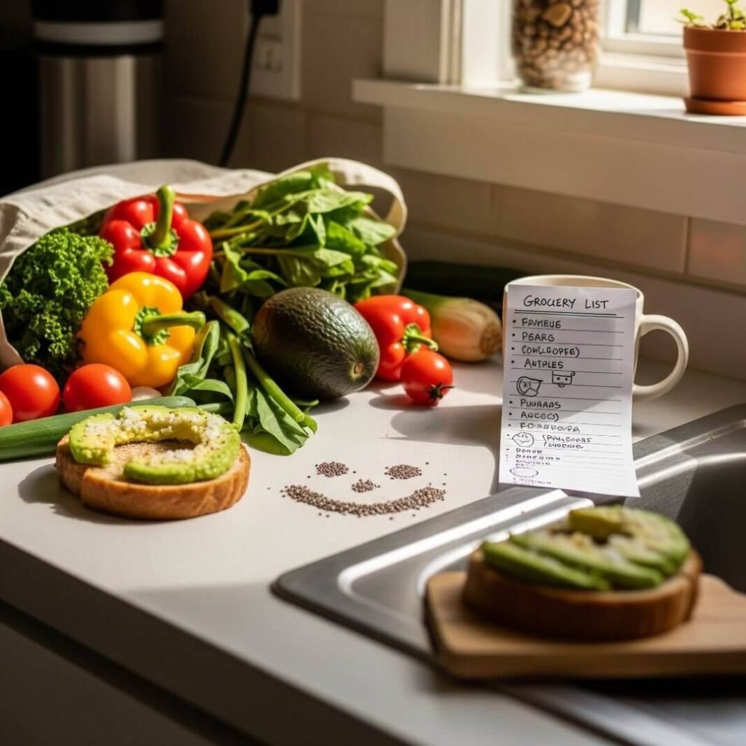A cluttered kitchen counter with colorful vegetables, avocado toast, and a smiley face made of chia seeds.
