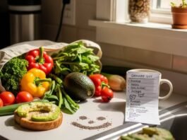 Nutrition for a Healthier You: 10 Tips to Achieve Your Goals in 2025 A cluttered kitchen counter with colorful vegetables, avocado toast, and a smiley face made of chia seeds.