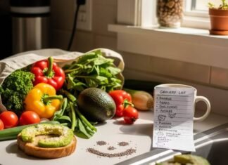Nutrition for a Healthier You: 10 Tips to Achieve Your Goals in 2025 A cluttered kitchen counter with colorful vegetables, avocado toast, and a smiley face made of chia seeds.