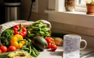 Nutrition for a Healthier You: 10 Tips to Achieve Your Goals in 2025 A cluttered kitchen counter with colorful vegetables, avocado toast, and a smiley face made of chia seeds.