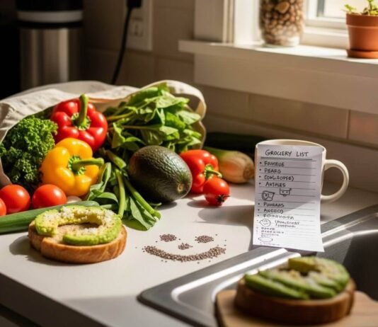 Nutrition for a Healthier You: 10 Tips to Achieve Your Goals in 2025 A cluttered kitchen counter with colorful vegetables, avocado toast, and a smiley face made of chia seeds.
